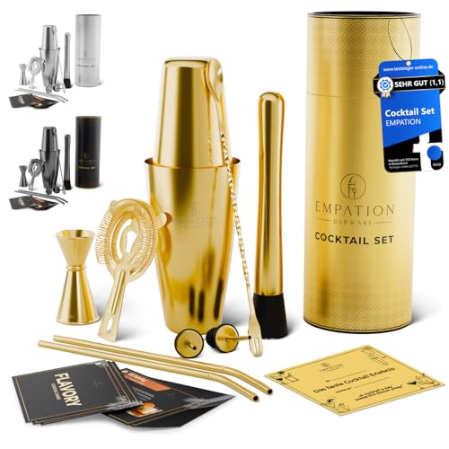 EMPATION Cocktail Shaker Gold, 9-piece Cocktail Set with 825 ml Boston Shaker, Cocktail Accessories incl. Recipe Cards, Cocktail Making Kit for Beginners & Professionals, Cocktail Shaker Set