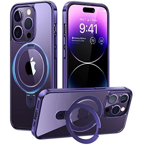 TORRAS Magnetic Shockproof for iPhone 14 Pro Case with Built-in Stand [Compatible with MagSafe] [Mil-Grade Drop Tested]Sturdy Kickstand Transparent Slim Protective for 14 Pro Phone Case, Purple& Clear