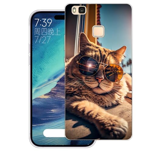 WUACYEAMING Cover per Huawei P9 lite,Cover Case in Silicone Trasparente Ultra Sottile e Leggera, Anti Ingiallimento Custodia con Antiurto, Anti-Graffio e Retro TPU-(gatto)