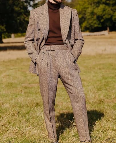 Men's Dress Pants Regular Fit Front Tweed Herringbone Retro Wool Trousers3
