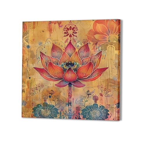 Image of PAINTINGMANTRA Floral Lotus Artwork Stretched Canvas Painting for Living Room | Botanical Lotus Pattern Wall Decor Art For Livingroom, Bedroom, Office, Hallways - 22x22 Inch