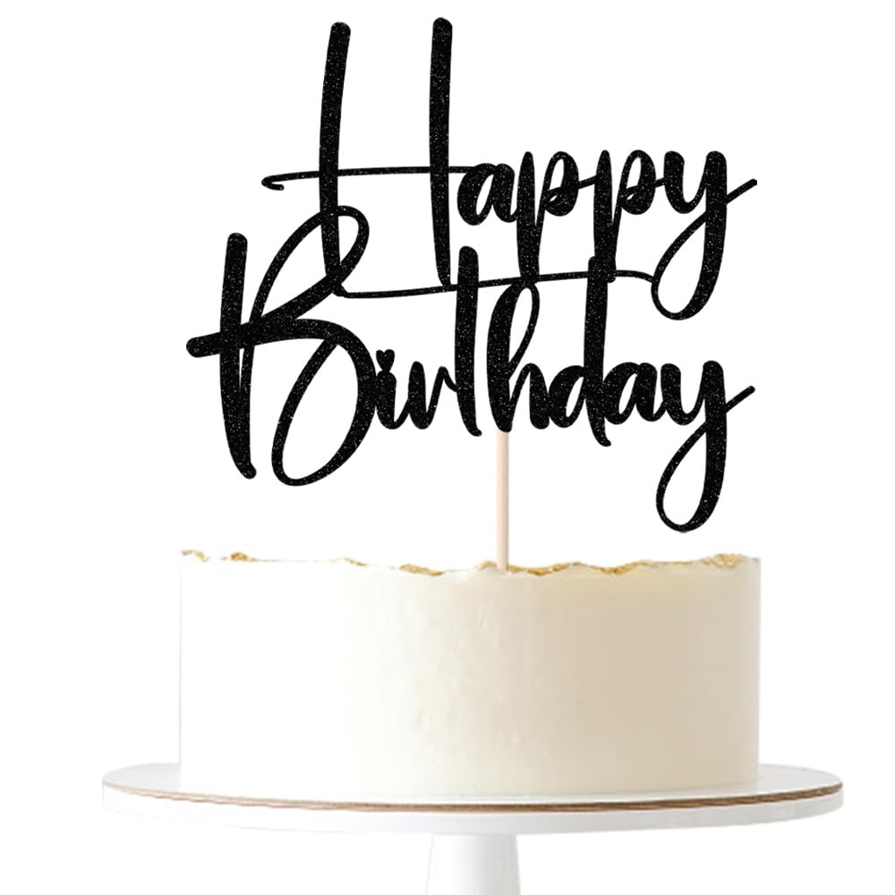 Happy Birthday Cake Topper,black Glitter Cake Pick Bunting Decor for Anniversary Birthday Party Cake Decorations Supplies