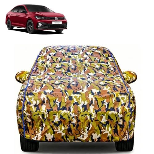 Image of Waterproof Car Body Cover for Volkswagen Virtus with Mirror Pocket| Cotton Inner Lining | Triple Stitched | All Weather Protection | Dust, UV & Rain Proof (Camouflage with Blue Piping)