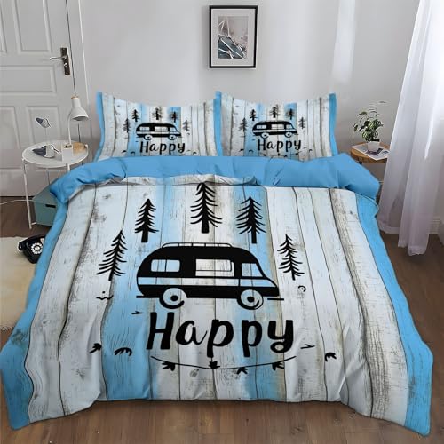 Juego de Funda de Edredón Fondo De Madera De Autocaravana, 2 Piezas Funda Nórdica Microfibra Juego de Cama Cremallera Funda de Almohada Cama 80/90-135 x 200 cm, Azul Cielo