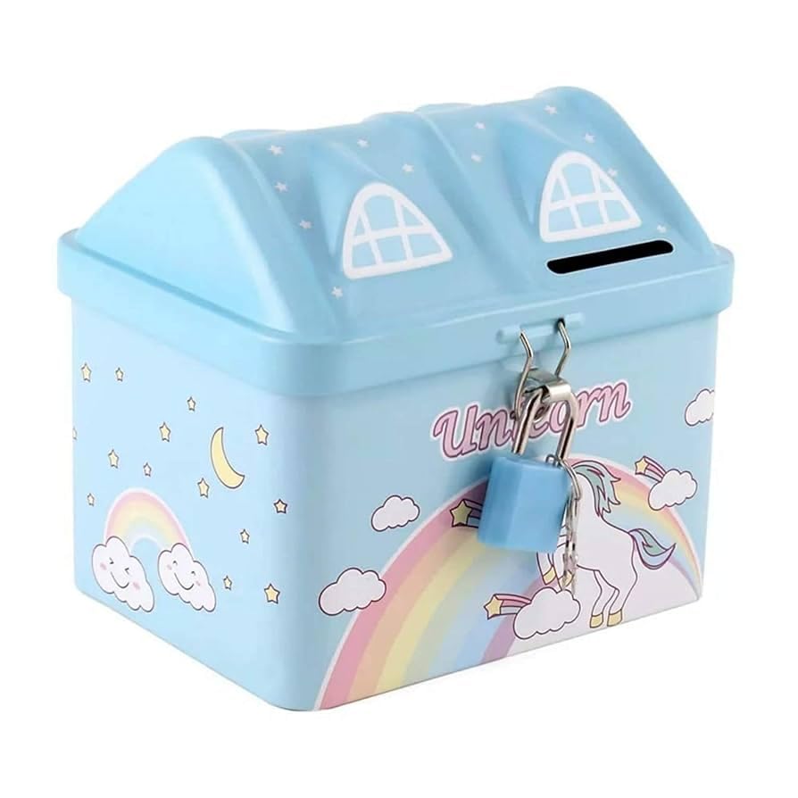 Cute & Colorful Unicorn Printed Metal Piggy Bank with Secure Lock & Keys for Kids, House Shaped Money Saving Storage Coin Collection Box for Girls, Children-image-25