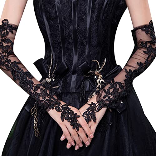 Katutude Black Lace Gloves - Women Fingerless Lace Gloves for Tea Party Wedding Party, Ladies Long Gloves Elegant Bridal Gloves Elbow Gloves for Women
