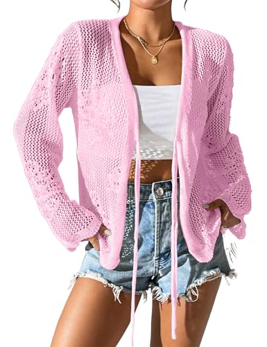 Image of Womens Tie Front Lightweight Crochet Cardigan Shrugs Knit Cardigan Crop Tops Cover Up