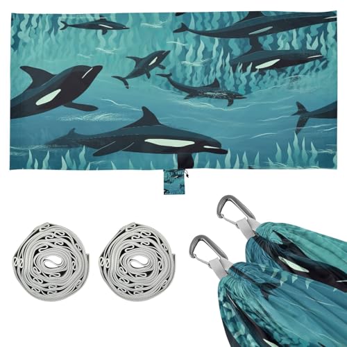 SDMKA Cute Orca Whales Camping Hammock, 330 lbs with 2 Tree Straps, Carry Bag, Single Portable Hammock for Outdoor/Indoor, Hiking, Beach, Backpacking, Travel
