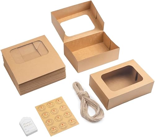Miniatura 6 de 24 cajas de galletas con ventana para regalo de papel, cajas de regalo de panadería marrón de 9 x 6.3 x 3 pulgadas, embalaje fácil de usar para