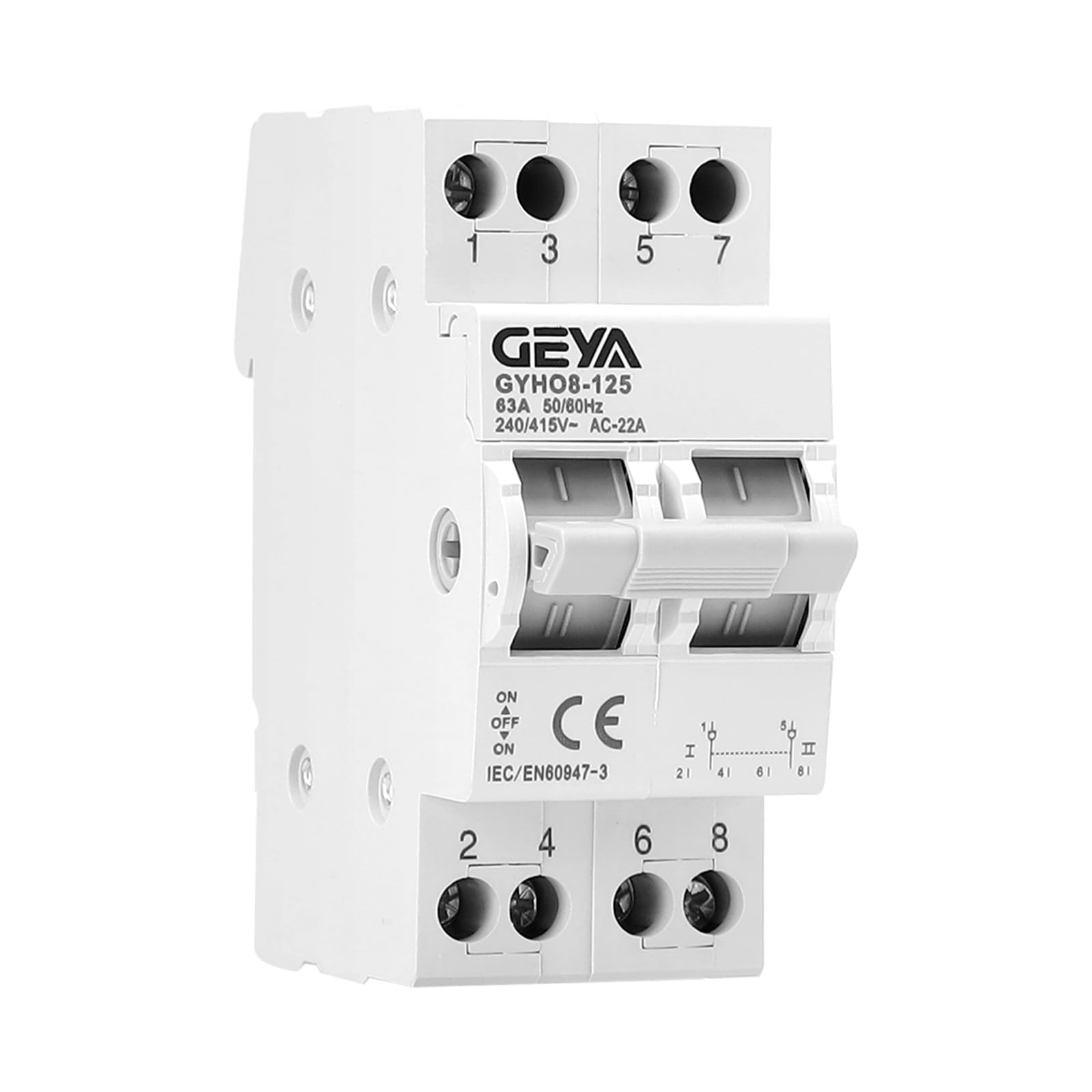 GEYA Manual Transfer Switch Dual Power for Grid & Generator Manual Conversion Isolation Switch DIN Rail Mount(2P-63A-240V)