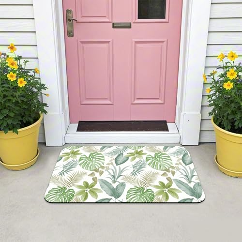 Front Door Mat, Green Tropical Palm Tree Leaves Doormat Outdoor Entrance, Non-Slip Low Profile...