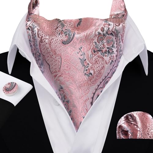 Image of Barry.Wang Ascot Ties Cravat Tie Men Paisley Plaid Scarf Self Tie Pocket Square Cufflinks Set Wedding Party