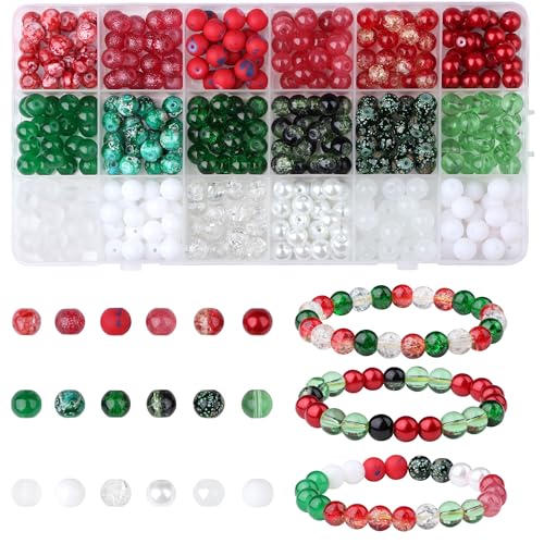 AWARDSEN 360PCS Christmas Beads Red Green White Round Bead 8mm for Jewellery Making DIY Ornament Bracelet Necklace Earring Holiday Party Decoration Gifts