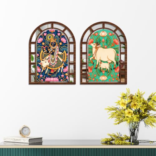 Image of Artvibes Shrinathji & Kamdhenu Cow Wall Hanging Decor | Decorative Wall Accent | Jharokha Mirror for Living Room, Hall, Bedroom, Pooja Room, Reception, & Entryway | Gift (WHJ 12038N), Set of 2