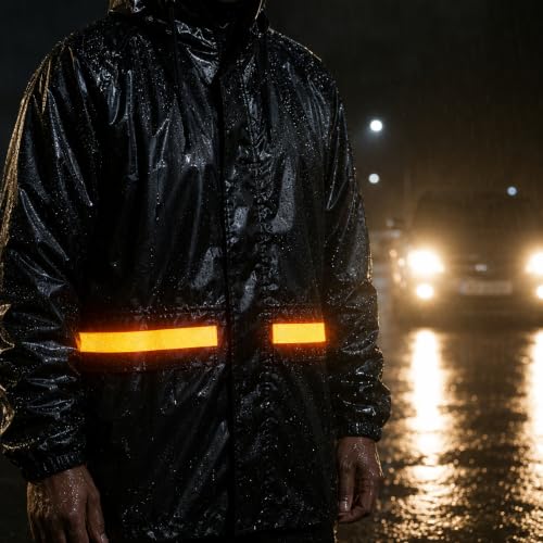 Image of Unisex Raincoat with Pant Set Waterproof for Men & Women, Hooded Rain Suit with Reflective Strip, Rain Jacket for Bike Riding, Travel & Outdoor Use, Black, Free Size (Fits L to XXL)