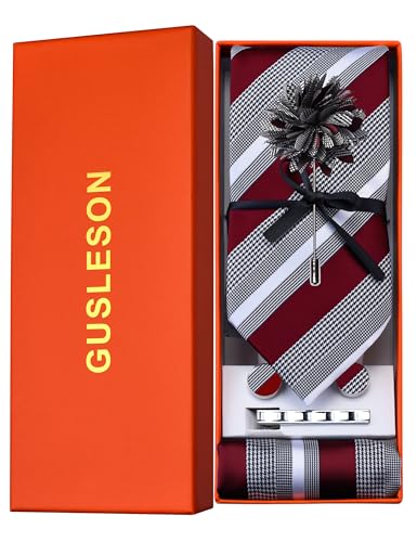Image of GUSLESON Men's 5-pc Striped Tie Gift Set - Jacquard Necktie, Pocket Square, Cufflinks, Lapel Pin, Tie Clip - Wedding Formal Gifts