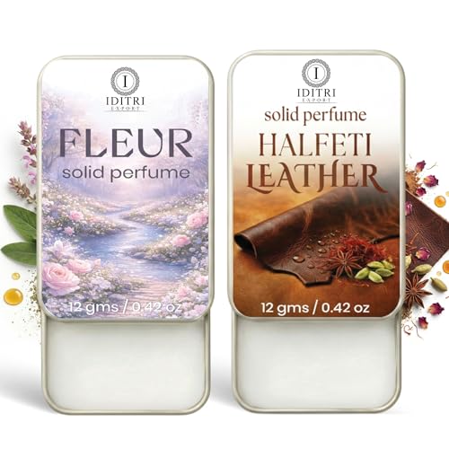 Image of IDITRI EXPORT Solid Perfume |Fleur&Halfeti leather Alcohol Free Wax Perfume Balm, Long Lasting | Pocket Tin 12g, Pack Of 2| Non Greasy Smooth Glide, Travel Friendly Unisex Gifts He Or Her