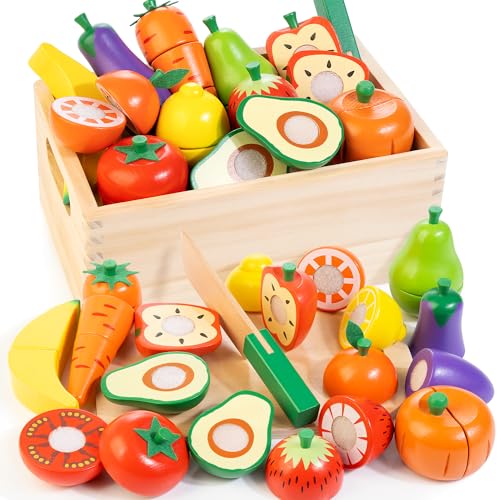 Image of Wooden Play Food for Toddlers, Fruit and Veggies Cutting Set for Kids, Pretend Food Play Kitchen Accessories for 3 4 5 6 7 Years Old Boys & Girls