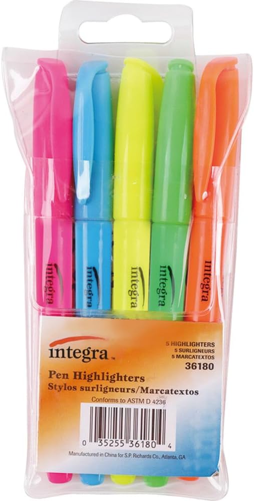 Integra Pen Style Highlighter, Chisel Point,5/Set, Fluorescent Assorted (ITA36180)