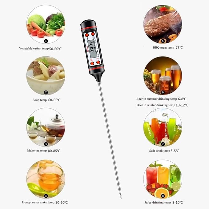 Image of Dr. Care LCD Digital Food Thermometer with Stainless Steel Probe - Instant Read for Cooking and Grilling (Black)