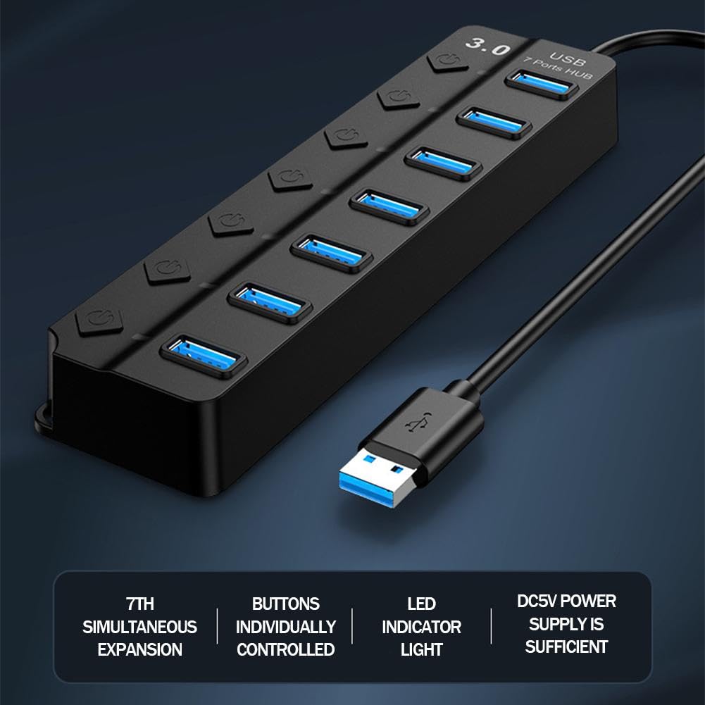 7-Port Powered USB 3.0 Data Hub with Led Individual On/Off, Multiport Adapter with 5gbp Data Ports, USB 3.0 Hub for Laptop,pc Computer,Surface Pro, Flash Drive, Mobile HDD