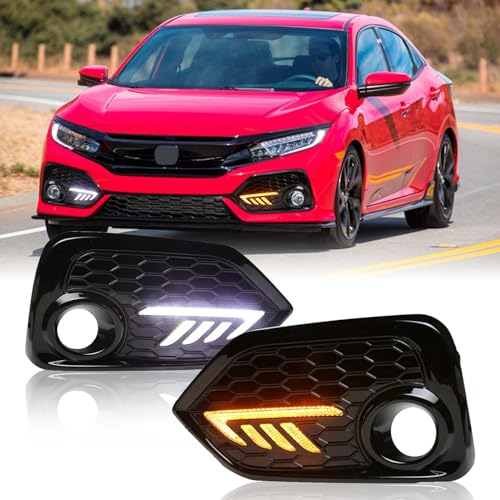 YLT AUTO DRL Daytime Running Hatchback Fog Lights Turn Lamp Bezel Cover with White & Amber LED Strip Fit 2016-2021 For H-onda Civic Si 4 Door Pair (Front L/R)