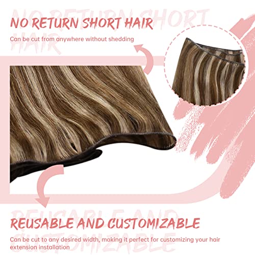 Fshine Genius Weft Tessitura Extension Medio Marrone e Caramello Blond Highlights 45cm 50g Extension Capelli Veri Mastassa Balayage Professionale Capelli per Bambina Hair Extension