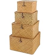 Moosky Wicker Shelf Baskets with Lid, Handwoven Seagrass Storage Basket Bins Square Gift Boxes fo...