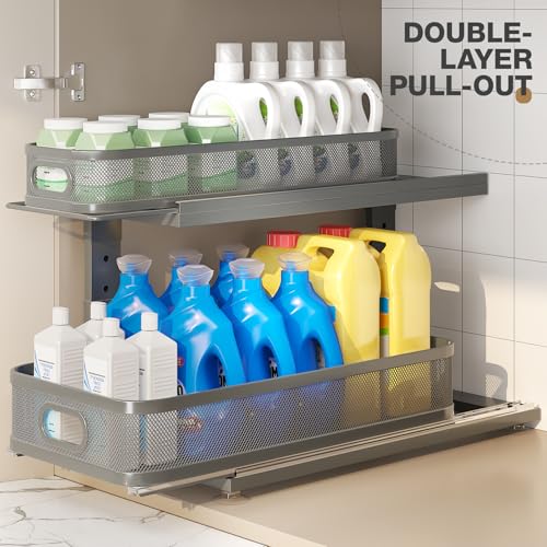 Image of 2 Pack 21IN-Depth Under Sink Organizer With Next-Gen Ball-Bearing Slides,2-Tier Precision Mesh Pull Out Cabinet Storage for Bathroom&Kitchen,Height Adjustable Drawers Shelf,Anti-rust-Grey