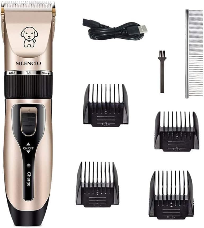 Silencio Unisex Dog Clippers, 2-Speed Professional Rechargeable Cordless Cat Shaver and Low Noise Water Proof Electric Dog Trimmer Pet Grooming Kit Animal Hair Clippers Tool with Combs,Skin