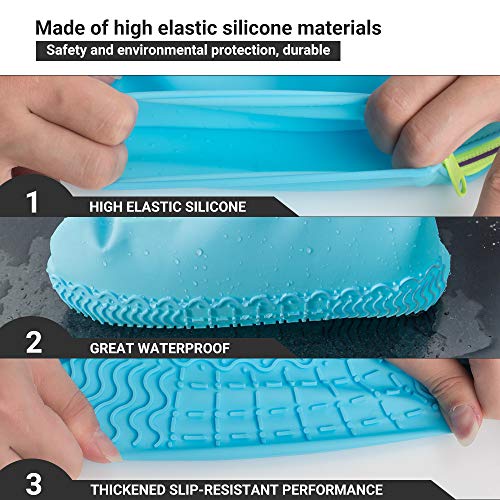 ATOFUL Reusable Silicone Waterproof Shoe Covers, Silicone Shoe Covers with Zipper No-Slip Silicone Rubber Shoe Protectors for Kids,Men and Women (Blue, XL)