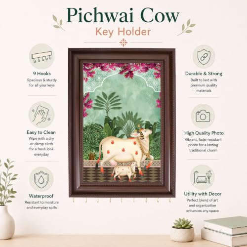 Image of Pichwai Cow Key Holder for Wall | 9 Hooks Decorative Key Rack & Organizer | Traditional Indian Art Wall Decor | Premium Key Hanger | Key Organizer for Home, Entryway & Office