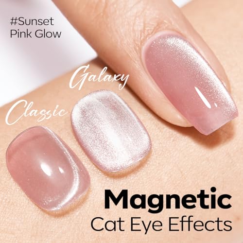 Image of modelones Pink Cat Eye Gel Nail Polish 9D Cateye with Magnet Nail Shimmer Soak Off Reflective Translucent Gel Magnetic Nail Polish 15 ML