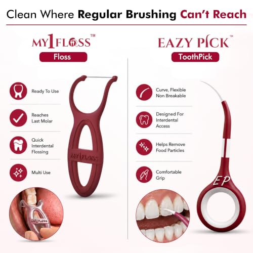 Image of MyOrl Care Dental Care Kit | Combo Pack of Ultra Soft Bristle Toothbrush, Dental Floss, Stainless Steel Tongue Cleaner & Interdental Toothpick | Daily Oral Care | All-in-One Pack (Maroon)