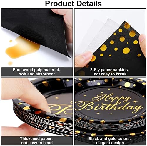 durony 48 Pieces Black and Gold Birthday Party Supplies for 16 Guests Disposable Black Happy Birthday Tableware Set with Party Plates, Napkin, Black With Gold Foil Party Dinnerware Set, Party Supplies