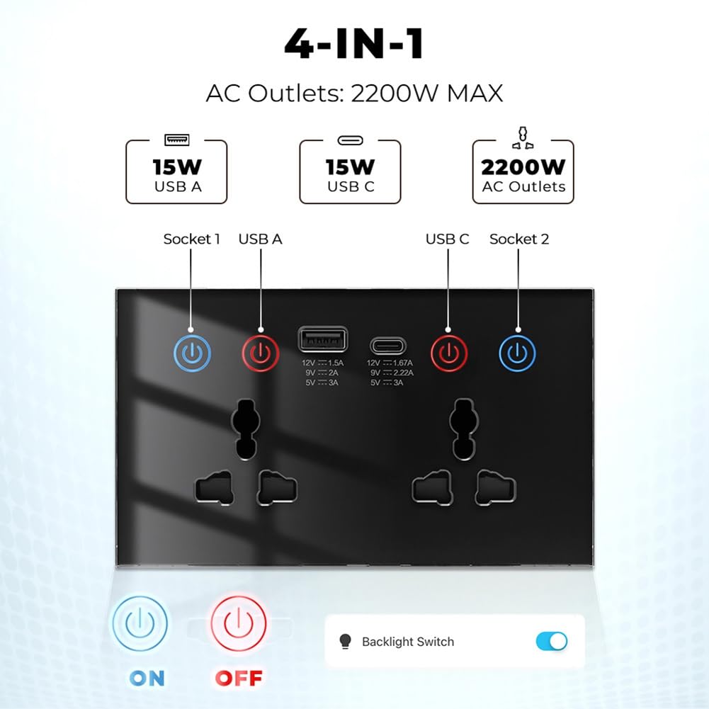 Enchufe Inteligente Tuya Wi-Fi con USB Tipo C, Enchufe de Pared Universal 4 en 1, Monitor de Energía e Interruptor Táctil.