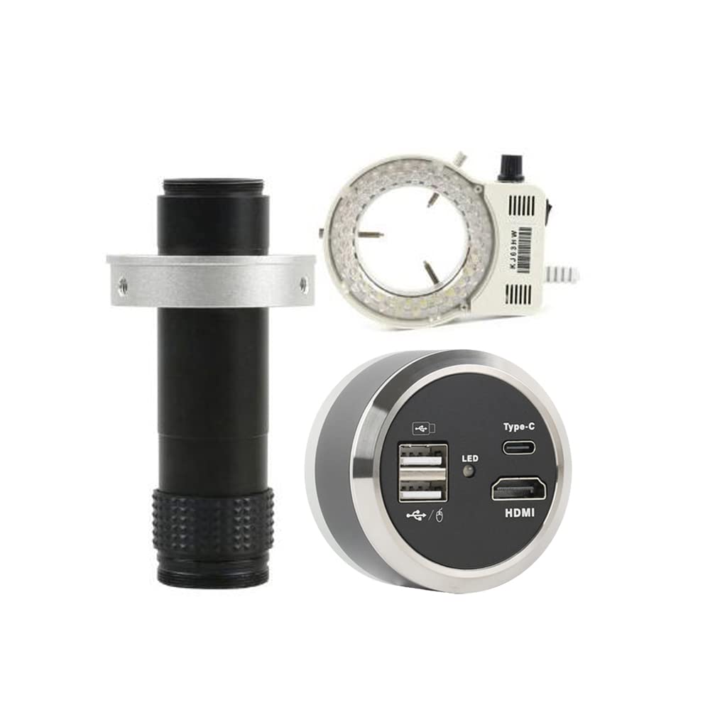 1080p HDMI USB Tipo-c Salida Sensor de cámara de microscopio Digital Industrial y Lente de Montaje en C 120X con luz de Anillo Ajustable de 56 LED - Negro