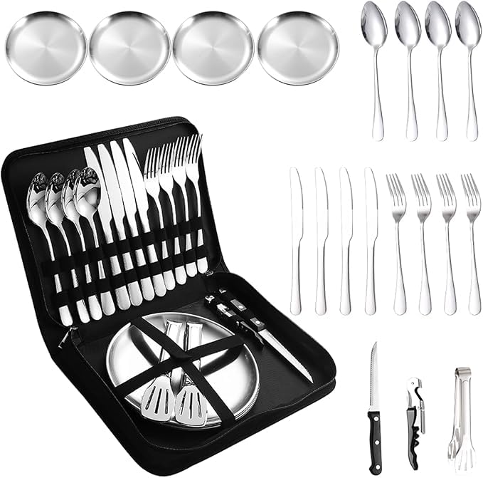 RELEMTRA Camping Silverware Set with Case, 20 Pcs Camping Mess Kit with Stainless Steel Plates, Picnic Set for 4, Travel Silverware Set, Camping Utensils for Eating, Portable Cutlery Set 4 People-image-12