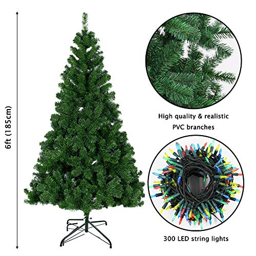 Juegoal 6 Ft Artificial Christmas Tree With 300 Led Multicolor String Lights (Not Pre-Strung) 8 Lighting Modes Fake Xmas Tree With Durable Metal Legs, 850 Tips #TOP1