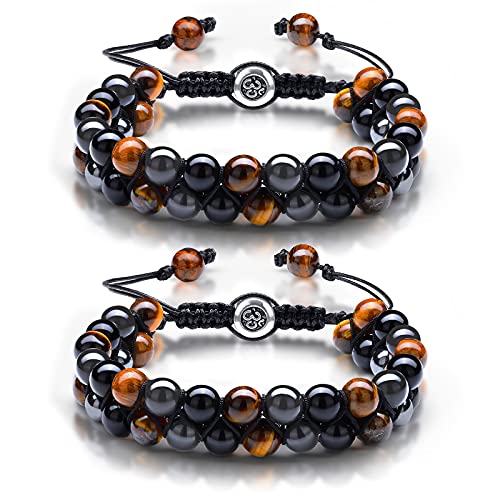 2 Pieces Lava Rock Bead Bracelets Hematite Black Obsidian Tiger Eye Stone Bracelet Healing Crystal Gemstone Bead Adjustable Anxiety Bracelet