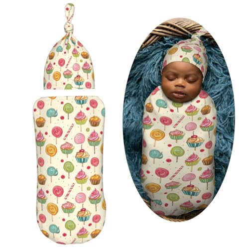 Image of Lollipop and Muffins Newborn Swaddle Blankets Hat Sets Soft Baby Receiving Blanket Swaddle Sack for Baby Shower Infant Boy Girl Gift