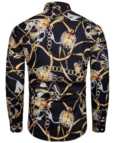 Mens Luxury Dress Shirts Baroque Gold Chain Print Casual Long Sleeve Button Down Buchona Shirt for Party2