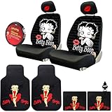 Yupbizauto New Platicolors Betty Boop Car Accessories Set New Seat Covers, Front Rubber Mats, Steering Wheel Cover Hot Lip Headrest Covers Stylish Protection for Cars SUVs Trucks & Vans