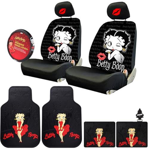 Yupbizauto New Platicolors Betty Boop Car Accessories Set New Seat Covers, Front Rubber Mats, Steering Wheel Cover Hot Lip Headrest Covers Stylish Protection for Cars SUVs Trucks & Vans