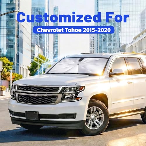 Image of Car Windshield Sun Shade for Chevrolet Tahoe 2015-2020 -[Reflective Coated Fabric] Sunshade Umbrella for Front Window, Car Shades Sun Visor Keep Car Cool and Protects Interior, 1:1 Exact Fit