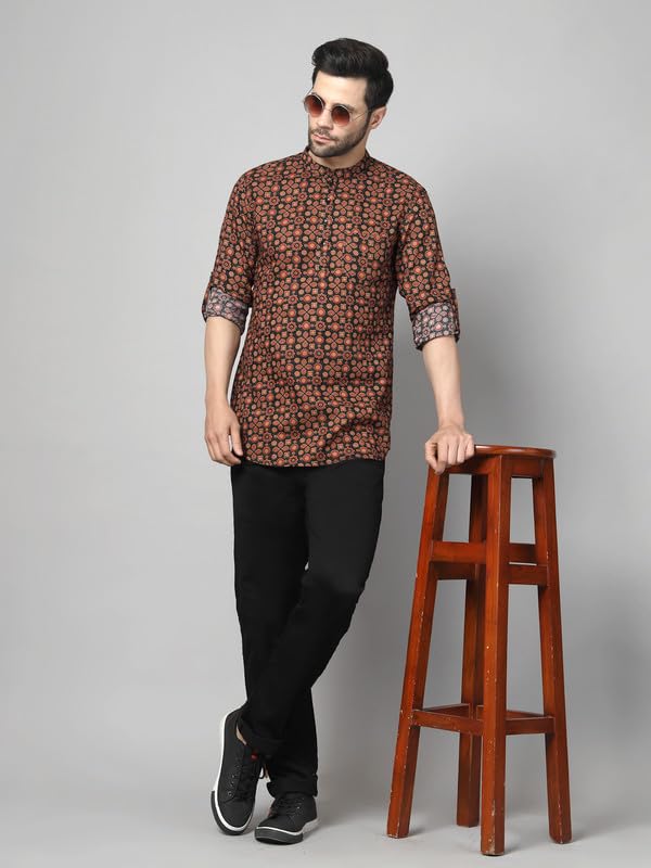 Image of Vastraa Fusion Men's Handloom Weaving Pure Cotton Short Kurta, Round Collar, Full Sleeves,Button Kurta, Ethnic Wear