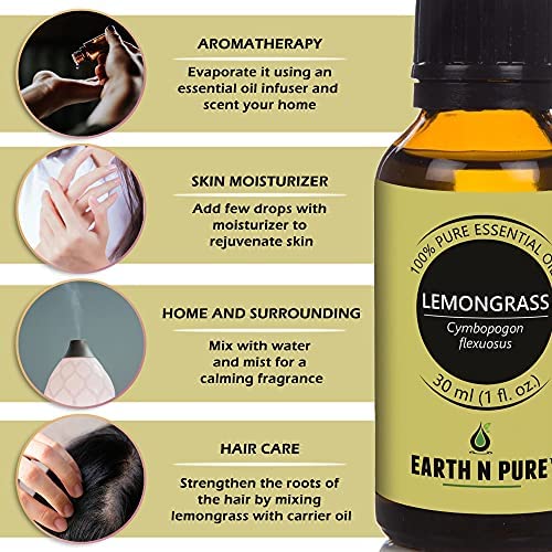 Image of Earth N Pure Lemongrass Essential Oil | Steam Distilled | for Home Diffuser, Skin & Hair Care | 30 ML