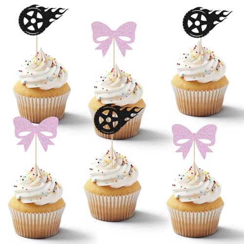 24 adornos para cupcakes con lazos o adornos para revelar el género, con purpurina, para cumpleaños, fiestas temáticas, baby shower, 24 ruedas de fuego o tapas de magdalenas con lazo