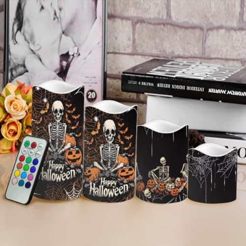 Image of Skeleton LED Flameless Candles with Remote Control | Halloween Flameless Candle Set with Timer, Battery Operated Fake Candles for Kitchen Room Home Decor, 4 Pack