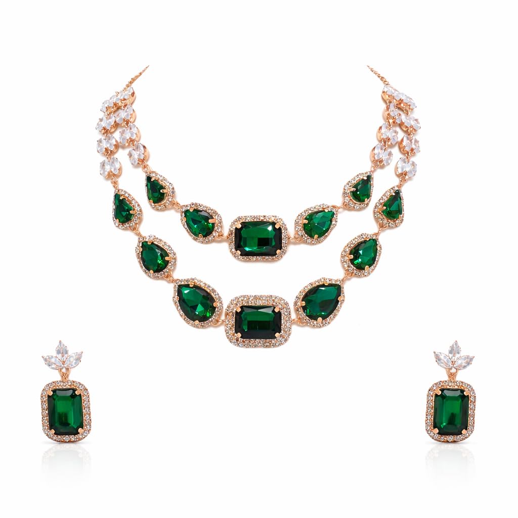 Emerald Green Stone Layered Necklace and Earrings Set | Premium Statement Jewellery Set for Party & Festive Occasions-image-41